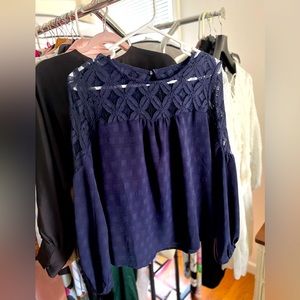 Lace Shouldered, Indigo Blue Long Sleeve Blouse NWOT
